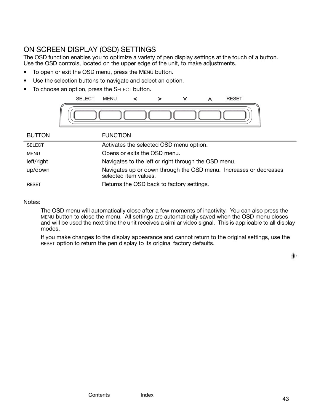 Wacom DTK-2400 user manual On Screen Display OSD Settings, Button Function 