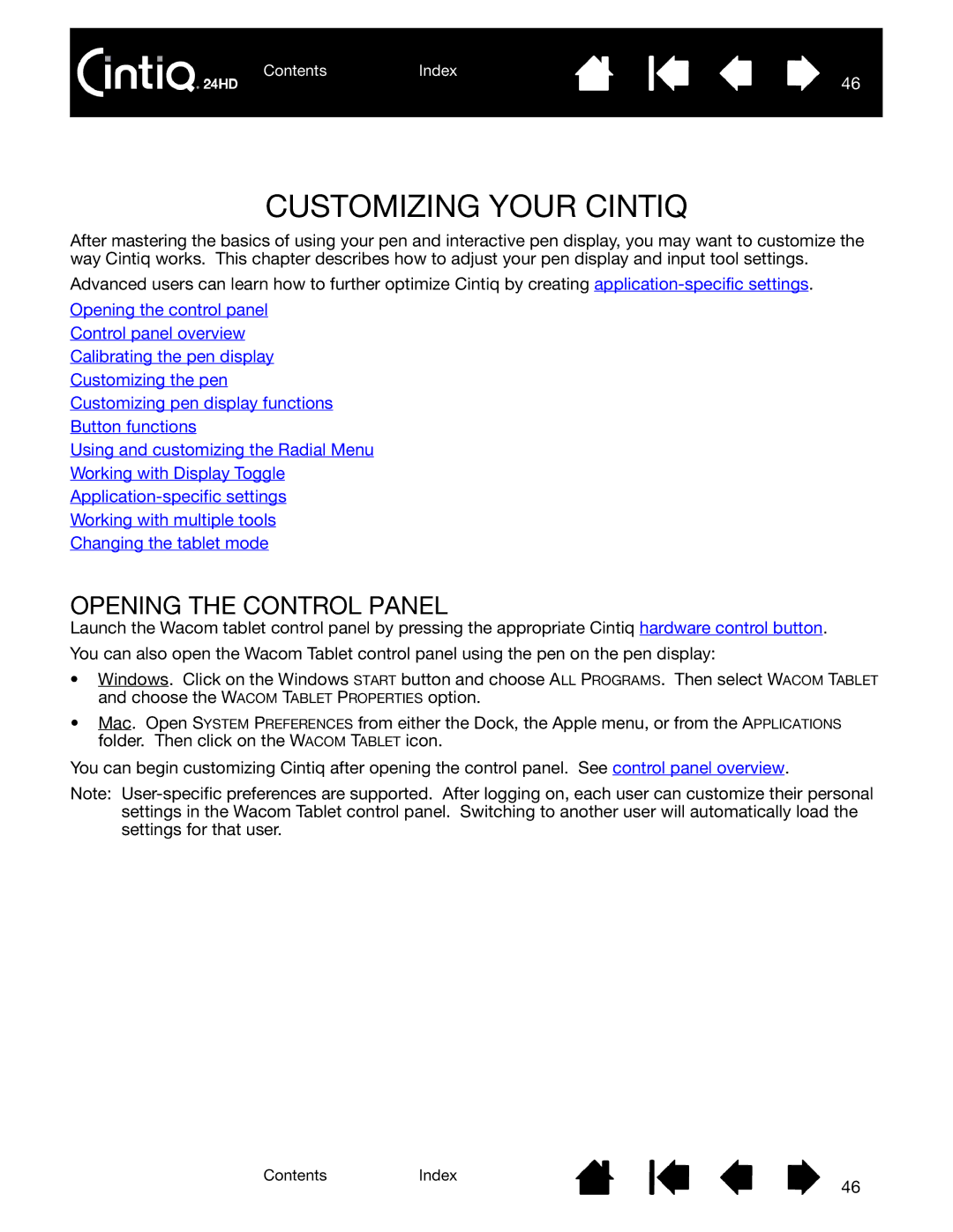 Wacom DTK-2400 user manual Customizing Your Cintiq, Opening the Control Panel 