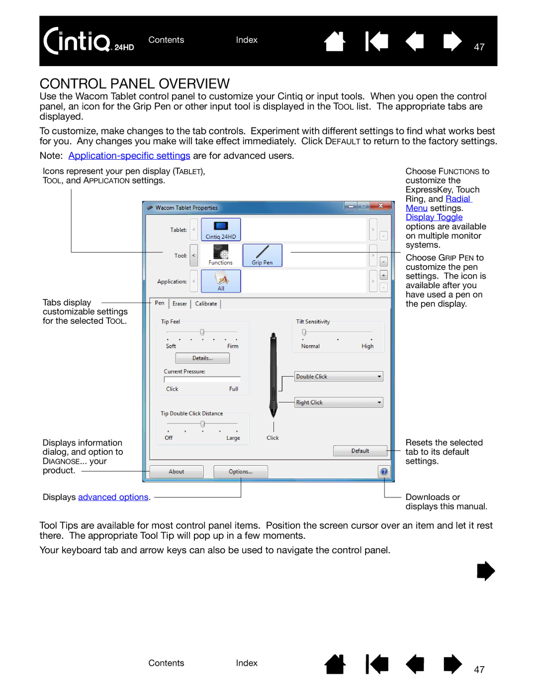 Wacom DTK-2400 user manual Control Panel Overview, Displays advanced options 