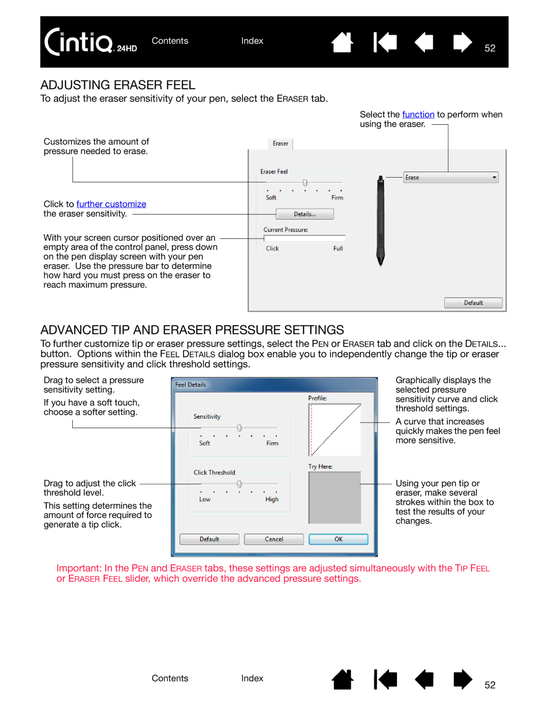 Wacom DTK-2400 user manual Adjusting Eraser Feel, Advanced TIP and Eraser Pressure Settings 