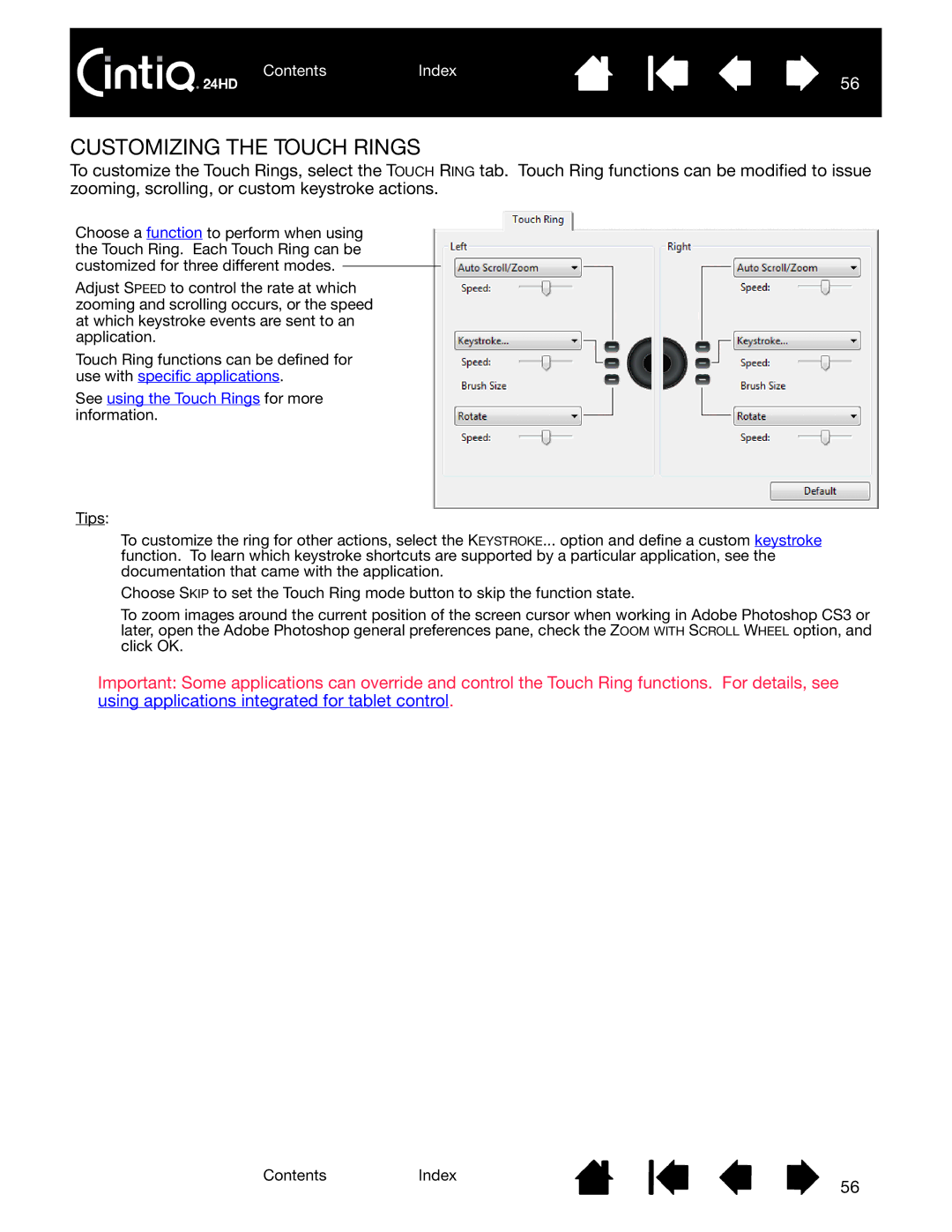 Wacom DTK-2400 user manual Customizing the Touch Rings, See using the Touch Rings for more information 