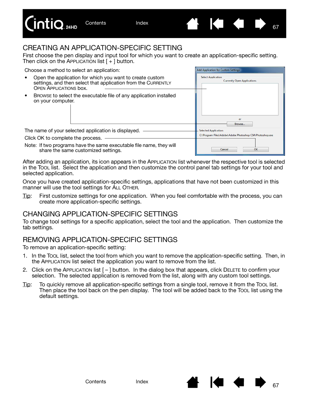 Wacom DTK-2400 user manual Creating AN APPLICATION-SPECIFIC Setting, Changing APPLICATION-SPECIFIC Settings 