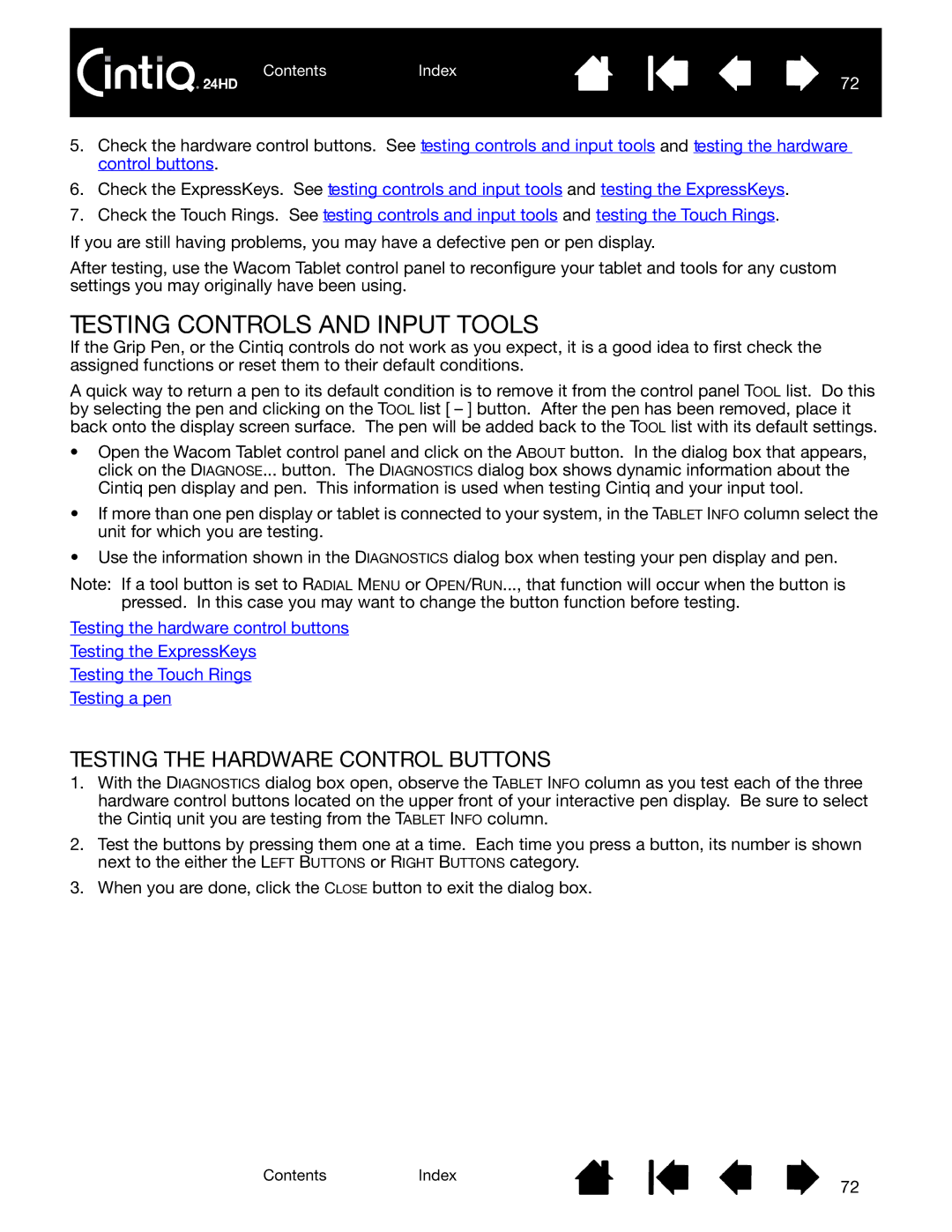 Wacom DTK-2400 user manual Testing Controls and Input Tools, Testing the Hardware Control Buttons 