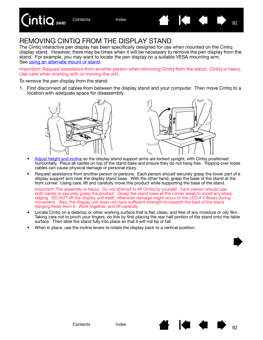 Wacom DTK-2400 user manual Removing Cintiq from the Display Stand 