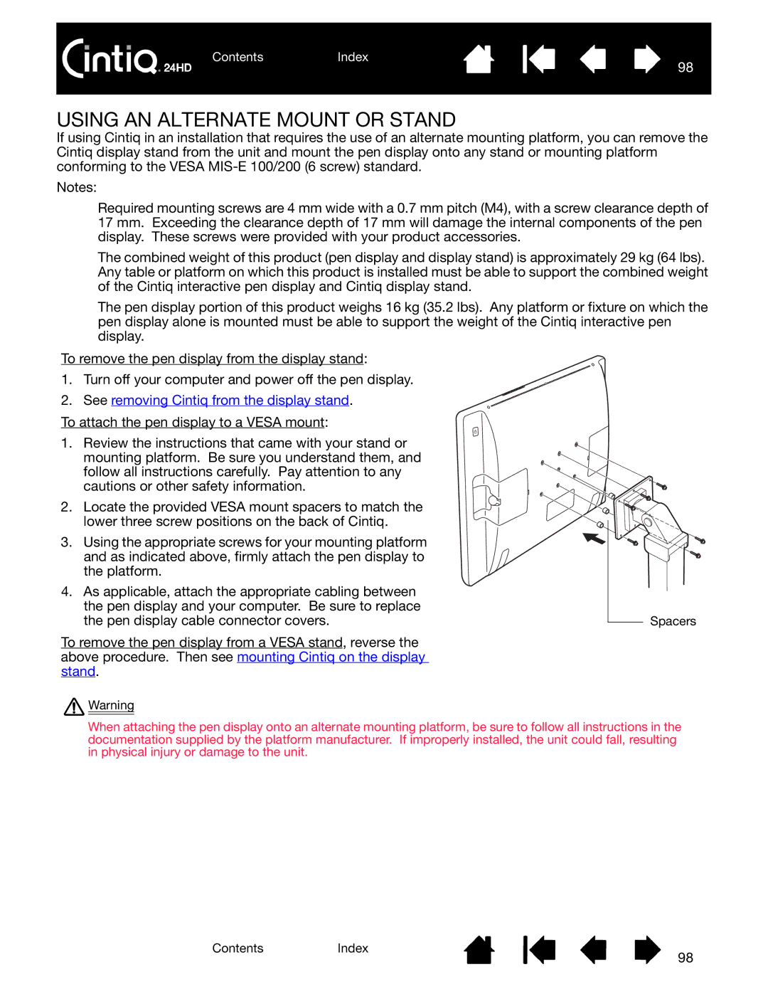 Wacom DTK-2400 user manual Using AN Alternate Mount or Stand, See removing Cintiq from the display stand 