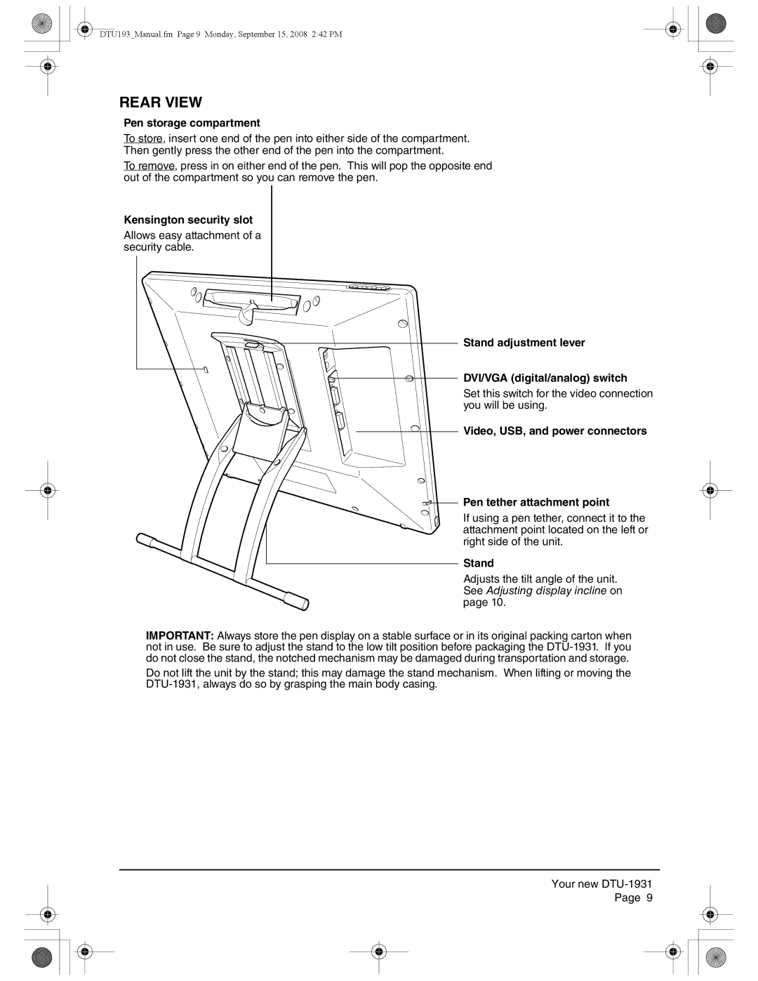 Wacom DTU-1931 user manual Rear View, Pen storage compartment, Kensington security slot, Stand 