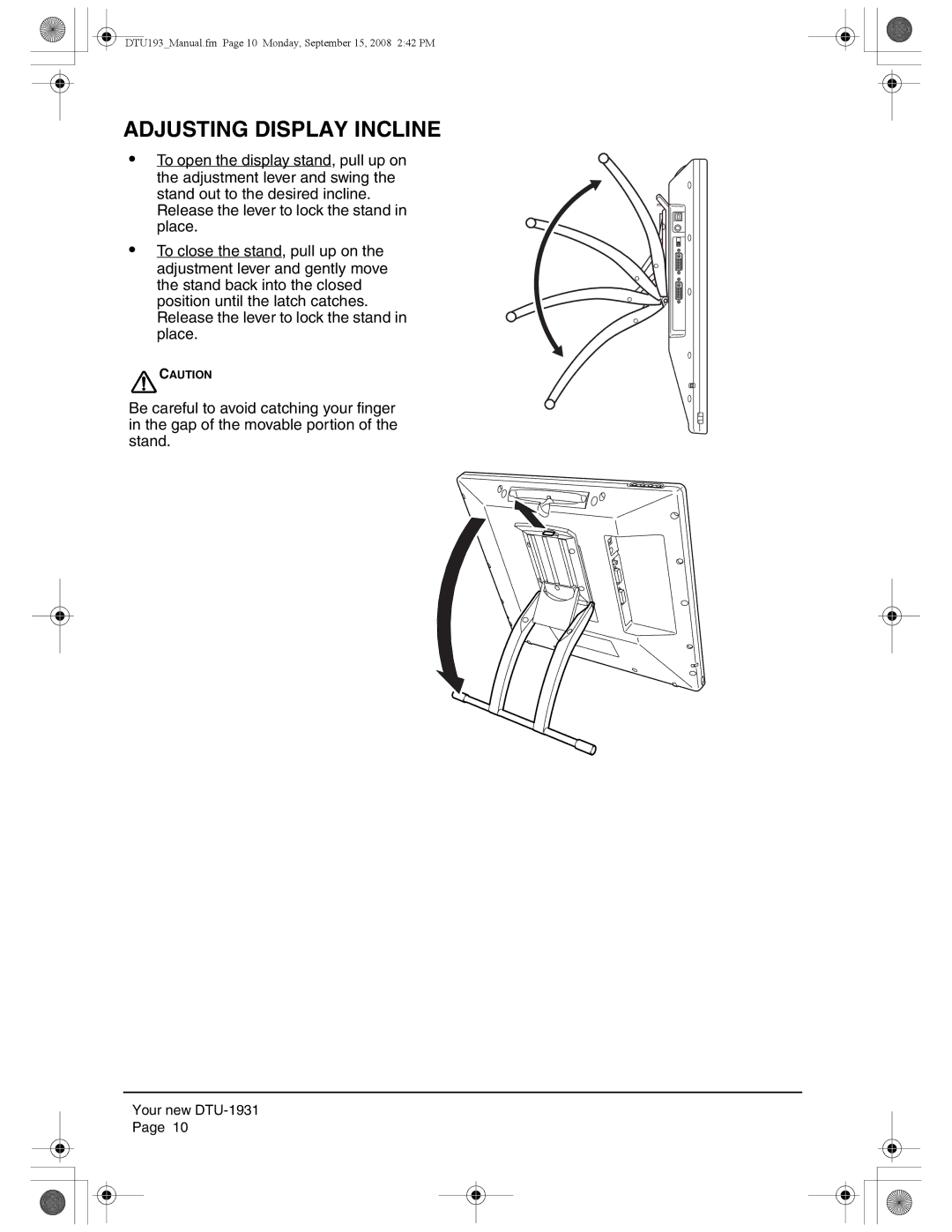 Wacom DTU-1931 user manual Adjusting Display Incline 