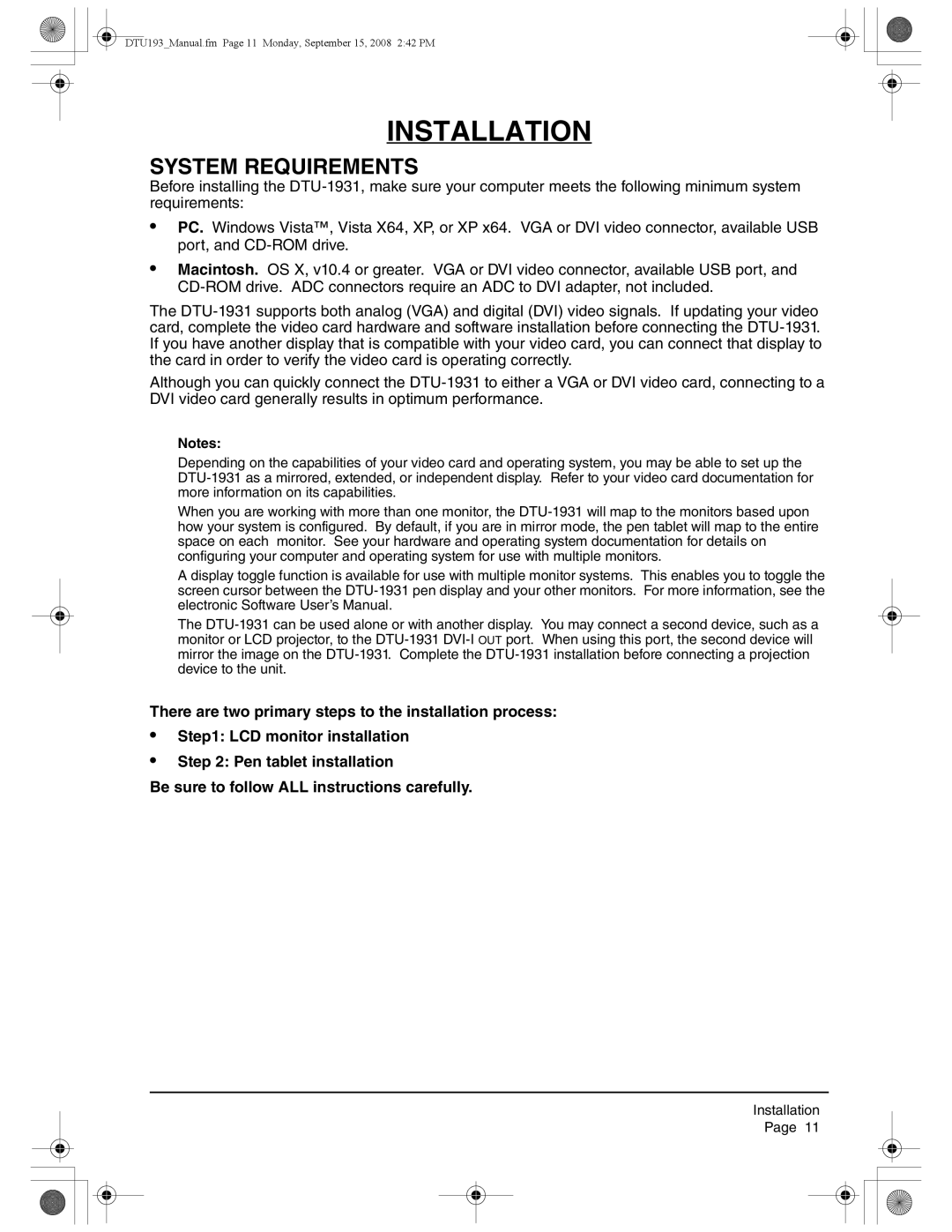 Wacom DTU-1931 user manual Installation, System Requirements 