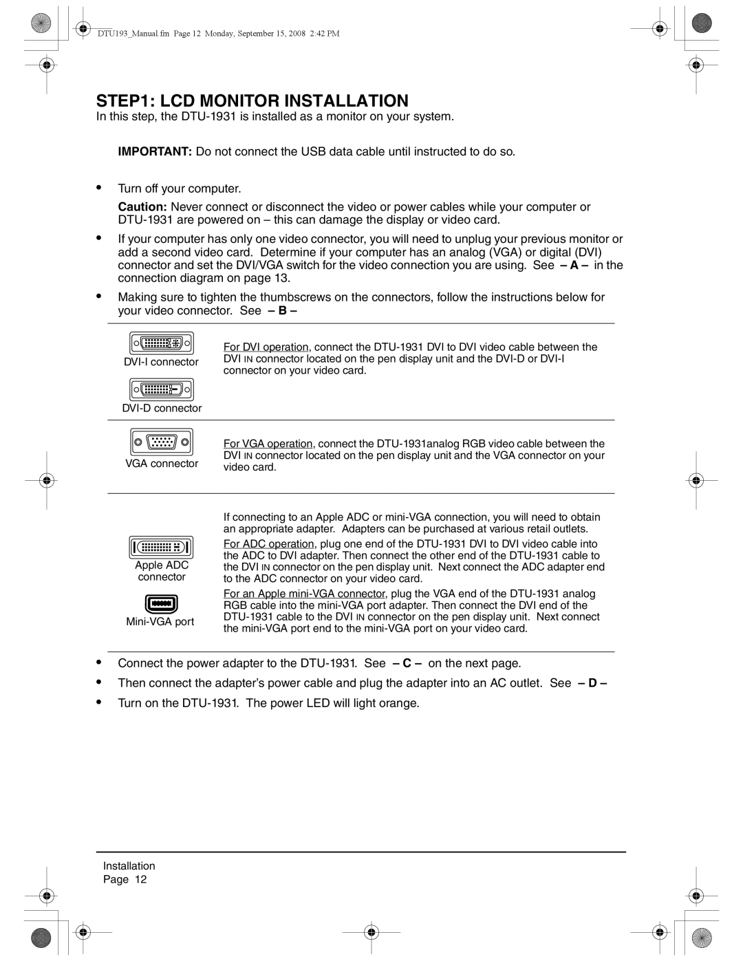 Wacom DTU-1931 user manual LCD Monitor Installation, Apple ADC Connector Mini-VGA port 