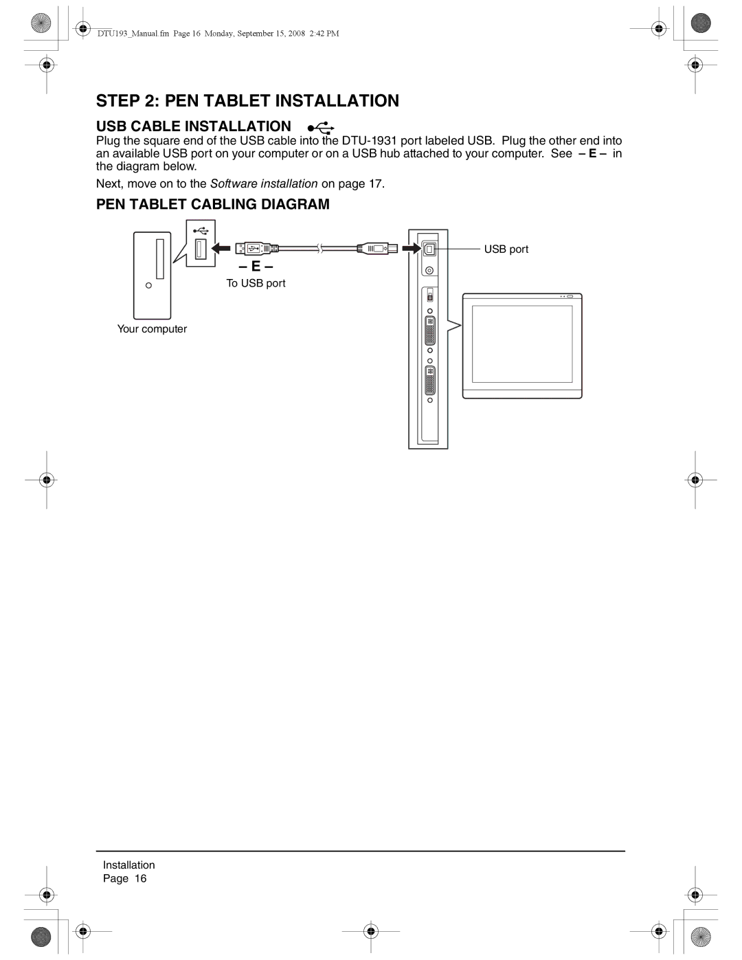 Wacom DTU-1931 user manual PEN Tablet Installation, USB Cable Installation, PEN Tablet Cabling Diagram 