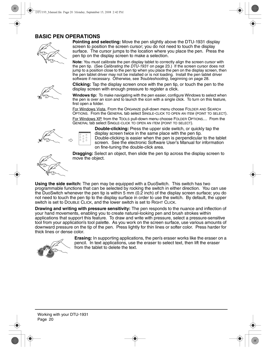 Wacom DTU-1931 user manual Basic PEN Operations 