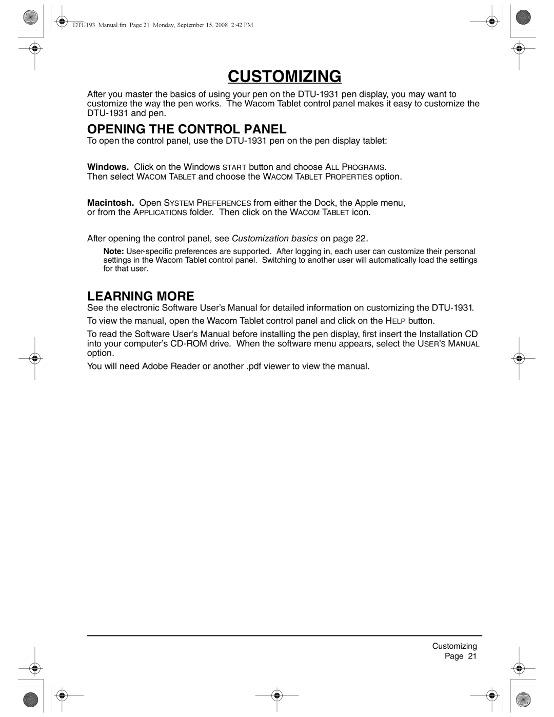 Wacom DTU-1931 user manual Customizing, Opening the Control Panel, Learning More 