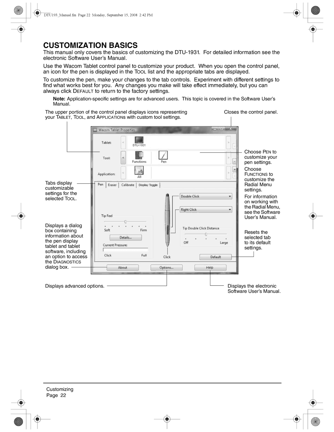 Wacom DTU-1931 user manual Customization Basics, Tabs display customizable settings for the selected Tool 