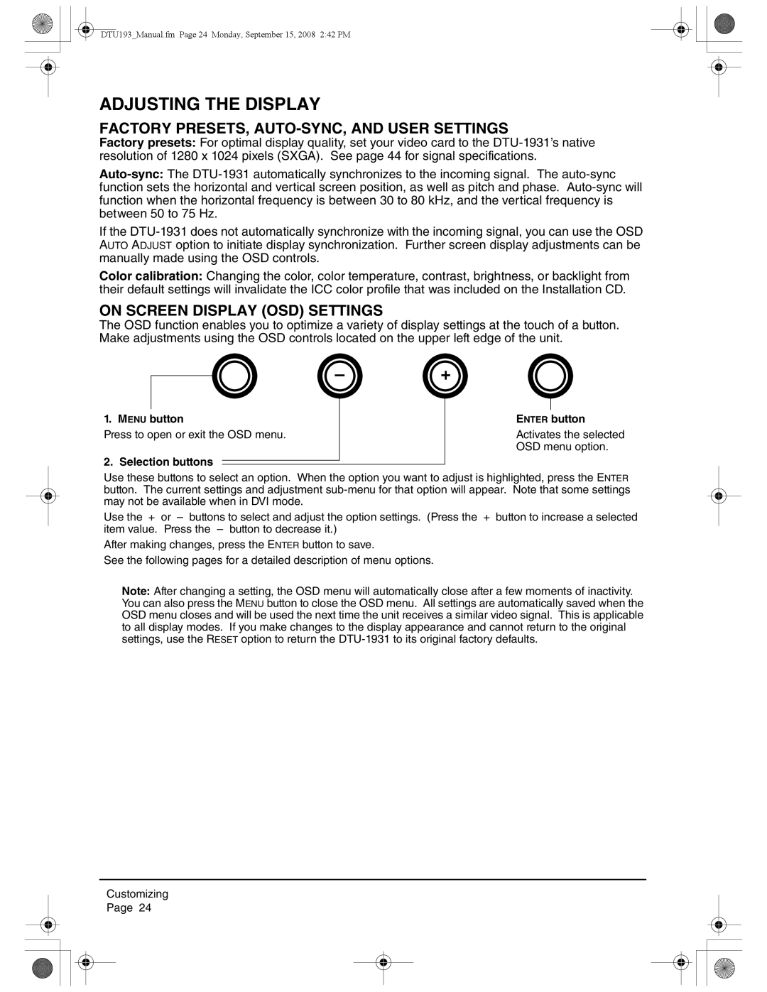 Wacom DTU-1931 Adjusting the Display, Factory PRESETS, AUTO-SYNC, and User Settings, On Screen Display OSD Settings 