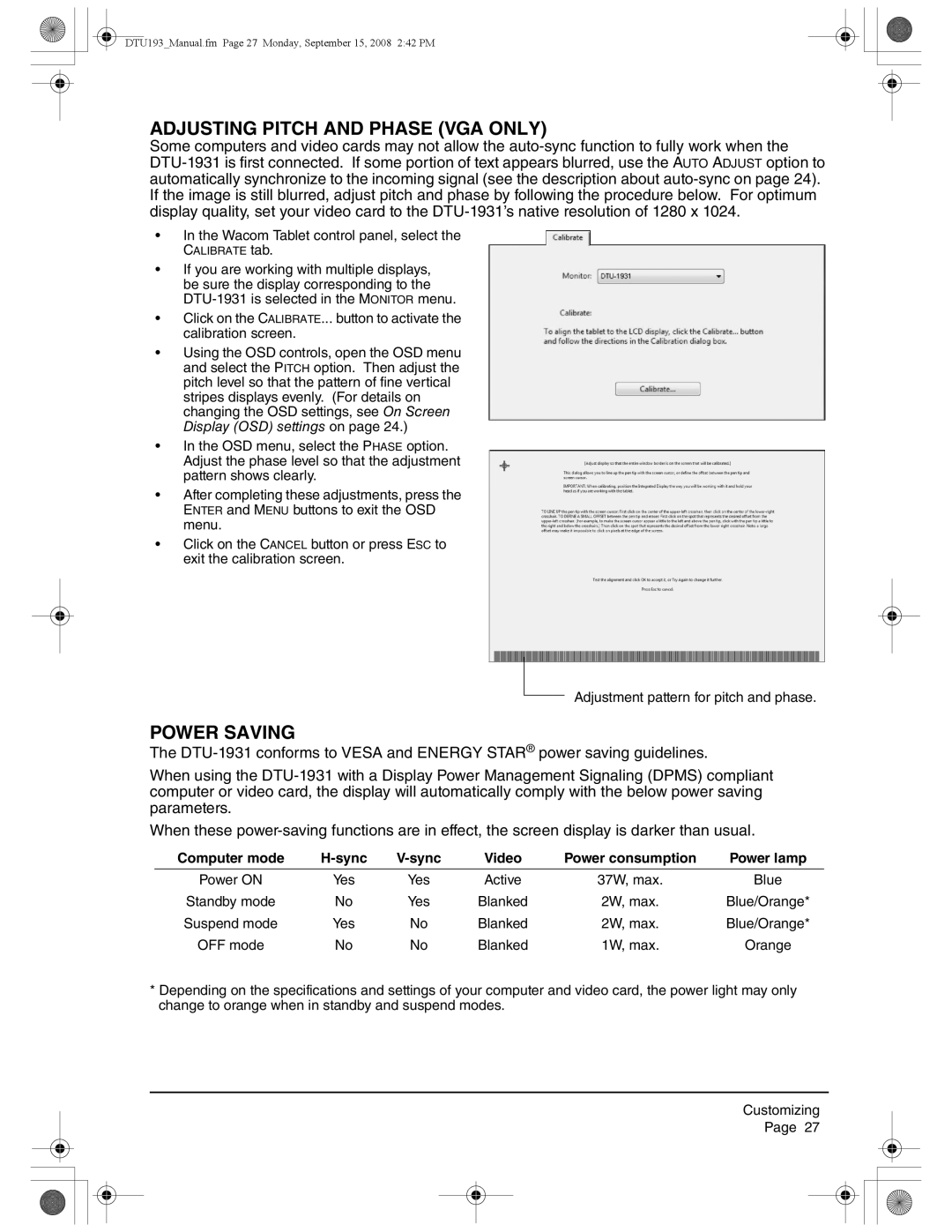 Wacom DTU-1931 user manual Adjusting Pitch and Phase VGA only, Power Saving, Computer mode Sync, Video 