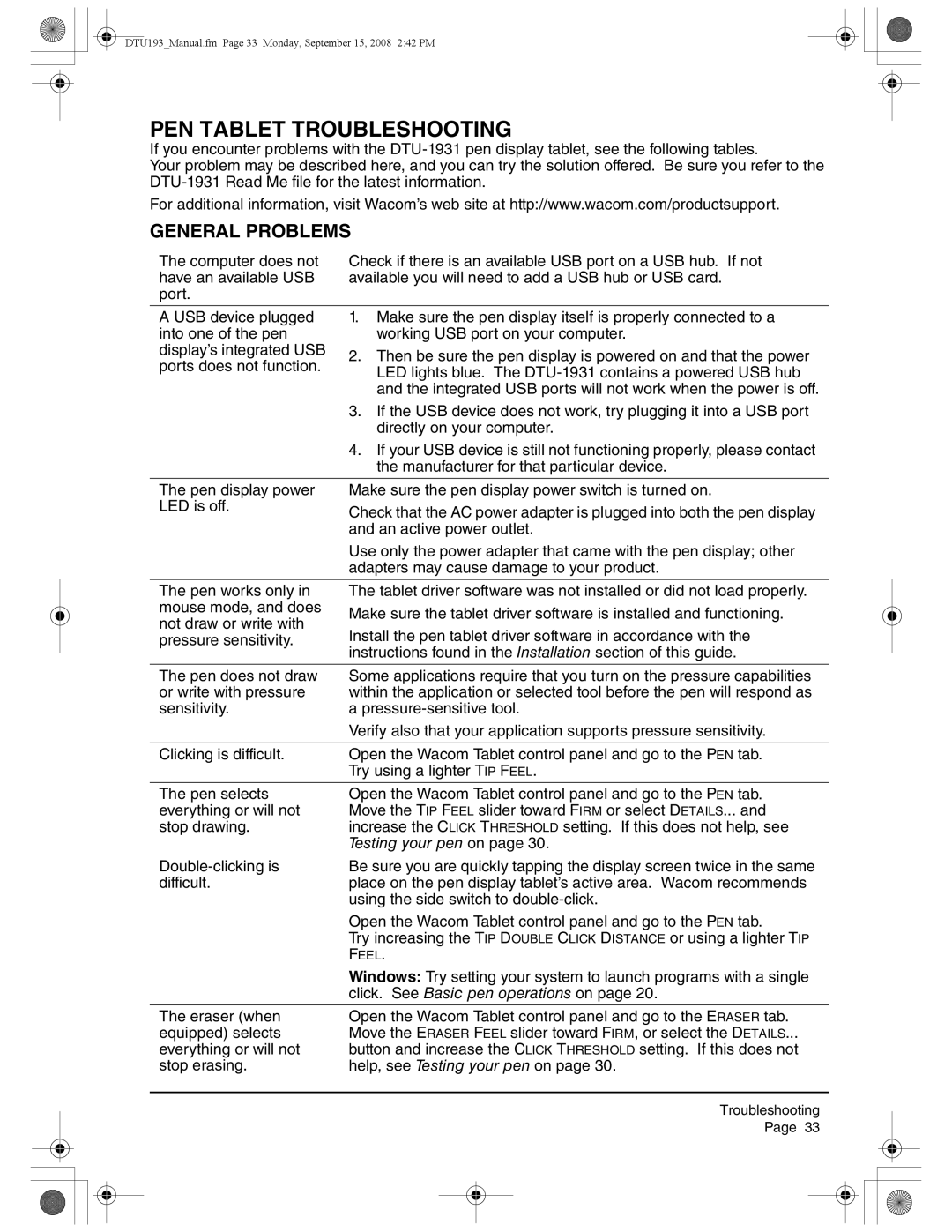 Wacom DTU-1931 user manual PEN Tablet Troubleshooting, General Problems 