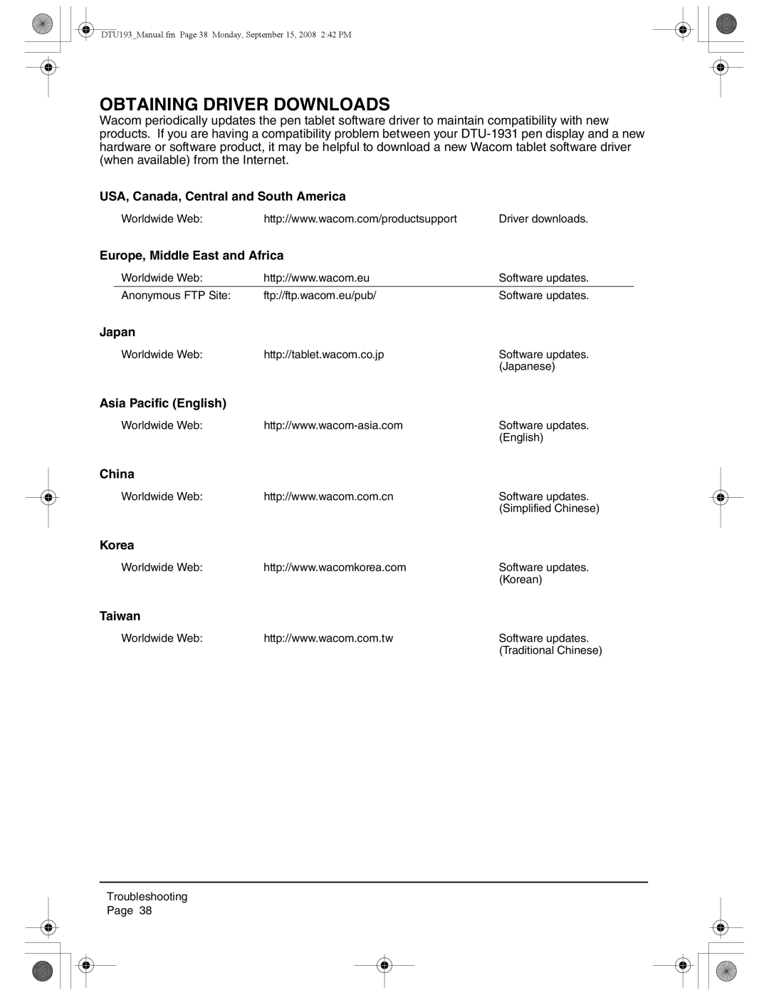 Wacom DTU-1931 user manual Obtaining Driver Downloads, Taiwan 