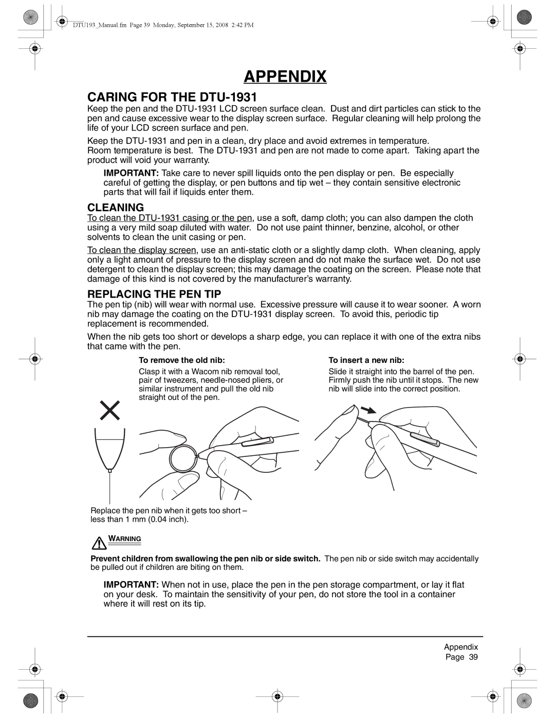 Wacom user manual Appendix, Caring for the DTU-1931, Cleaning, Replacing the PEN TIP 