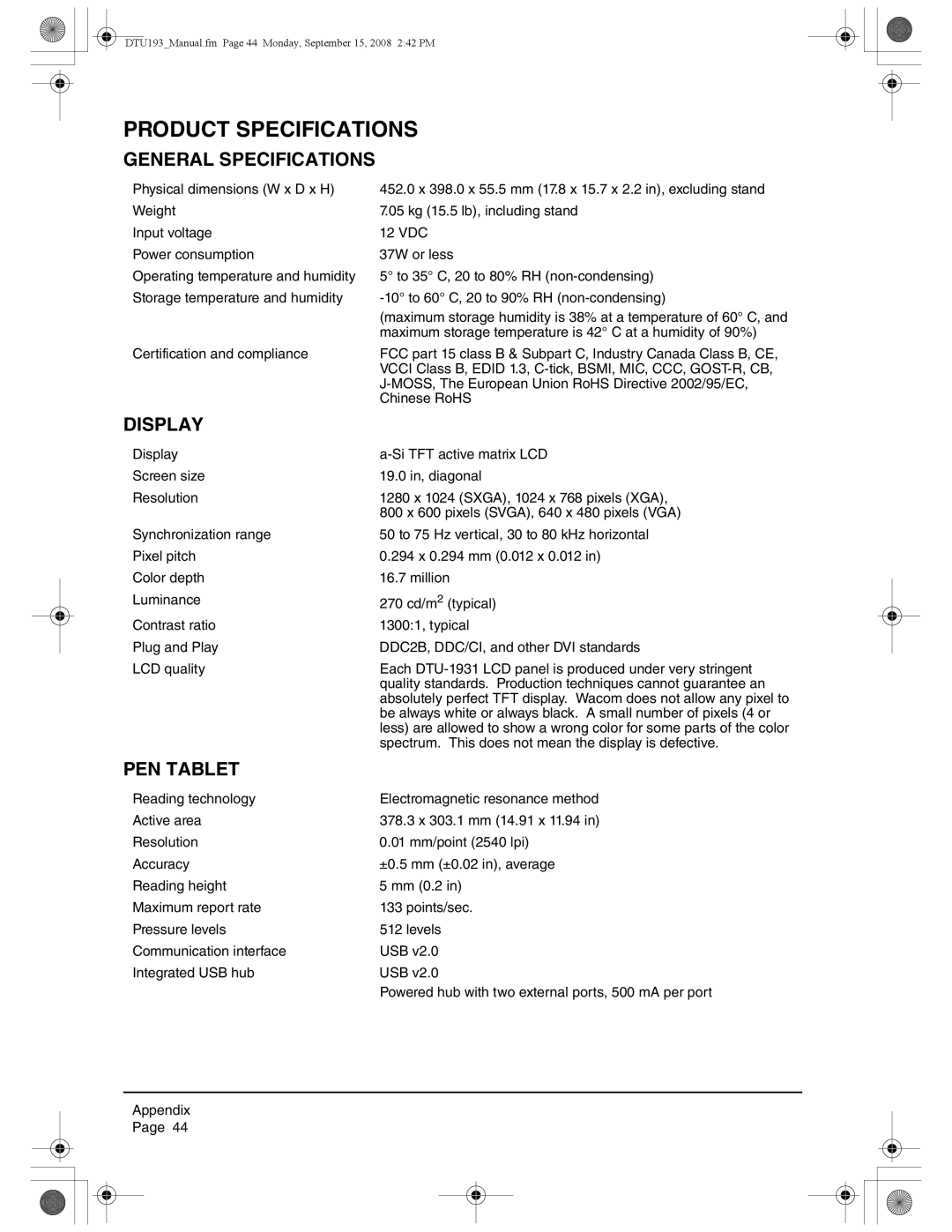 Wacom DTU-1931 user manual Product Specifications, General Specifications, Display, PEN Tablet 