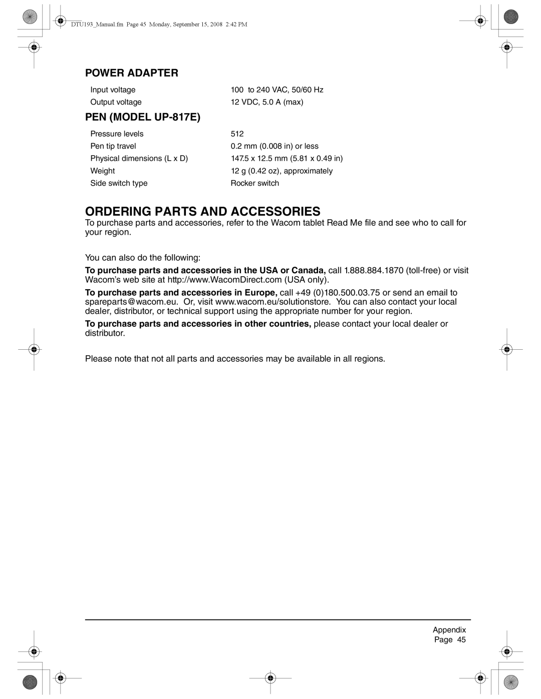 Wacom DTU-1931 user manual Ordering Parts and Accessories, Power Adapter, PEN Model UP-817E 