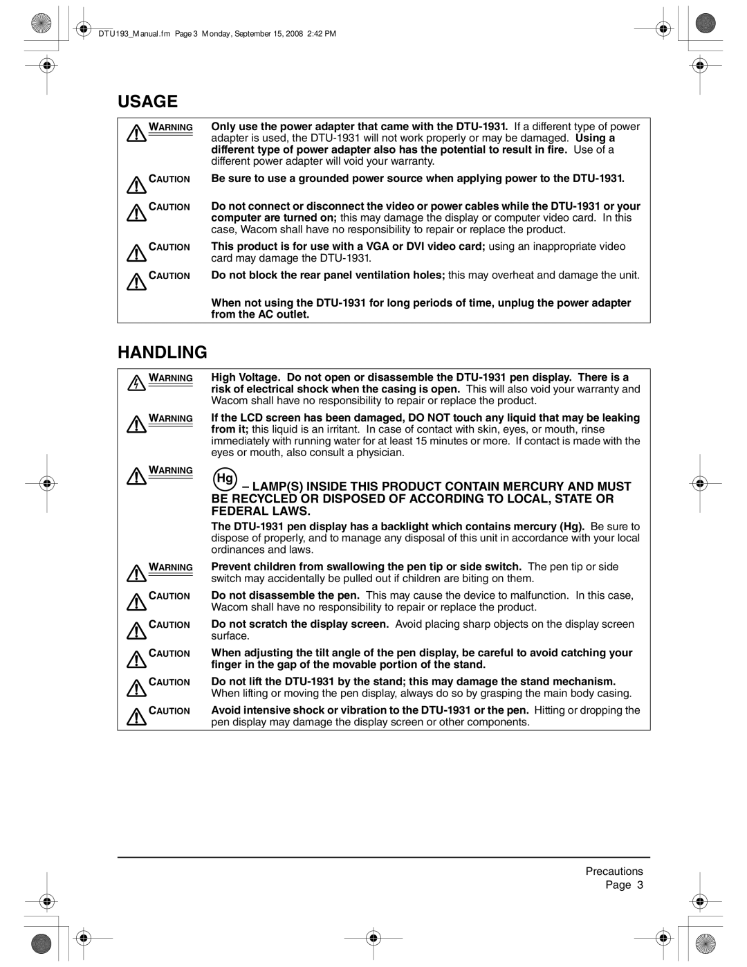 Wacom DTU-1931 user manual Usage, Handling 