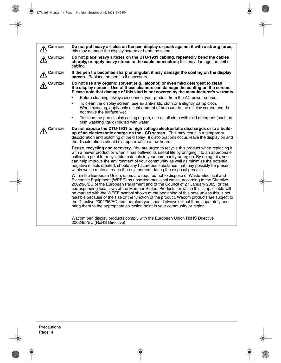 Wacom DTU-1931 user manual DTU193Manual.fm Page 4 Monday, September 15, 2008 242 PM 