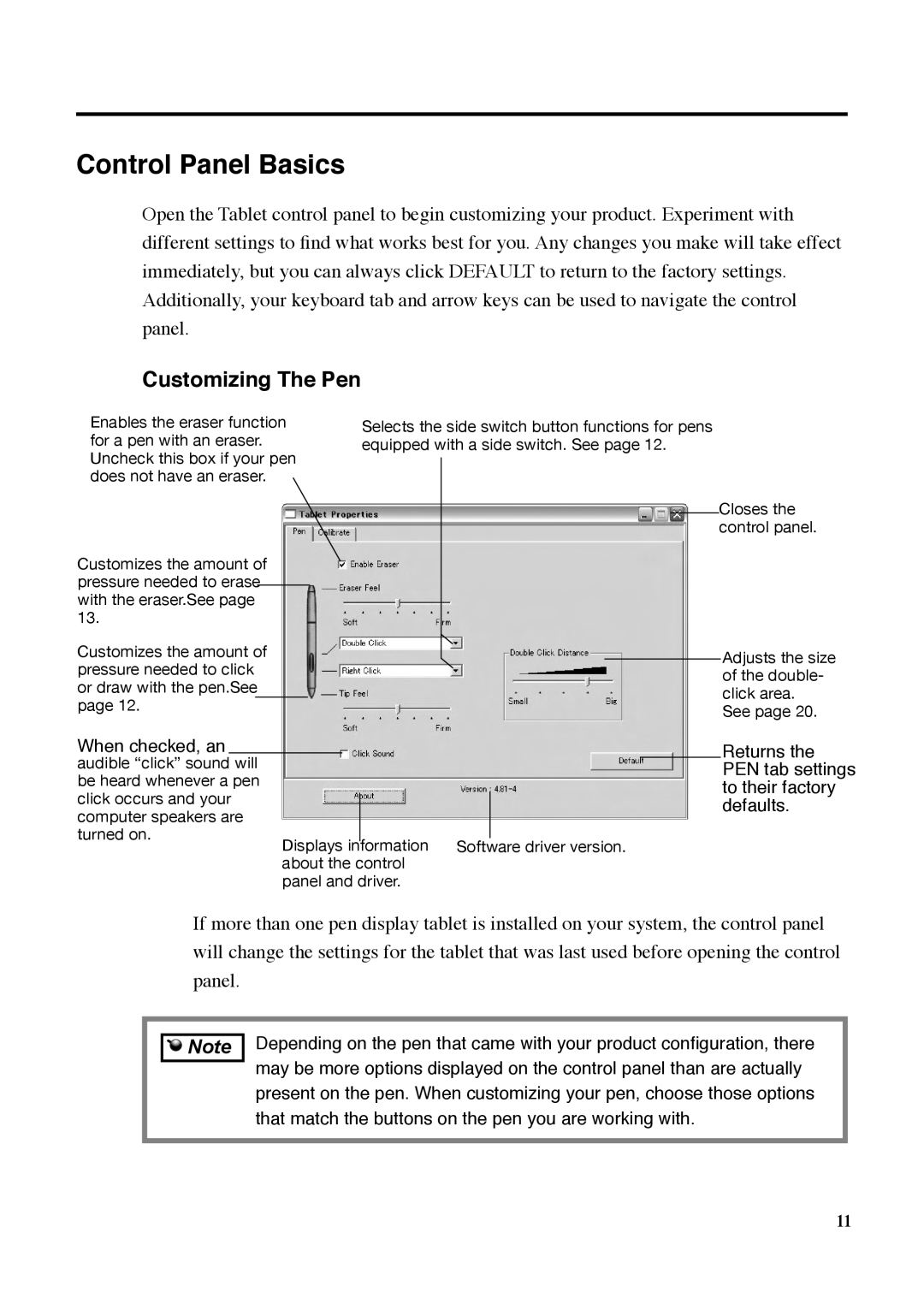 Wacom DTU-710 manual Control Panel Basics, Customizing The Pen 