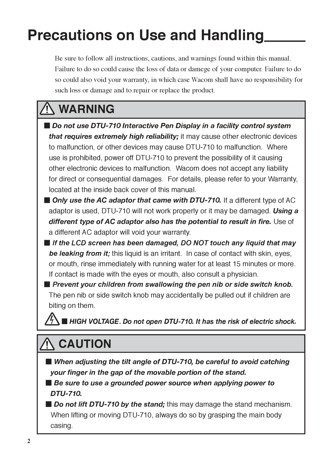 Wacom DTU-710 manual Precautions on Use and Handling 