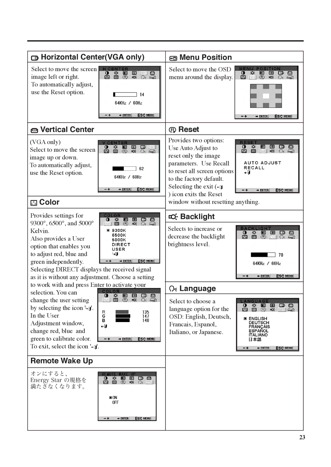 Wacom DTU-710 Horizontal CenterVGA only Menu Position, Vertical Center Reset, Color, Backlight, Language, Remote Wake Up 