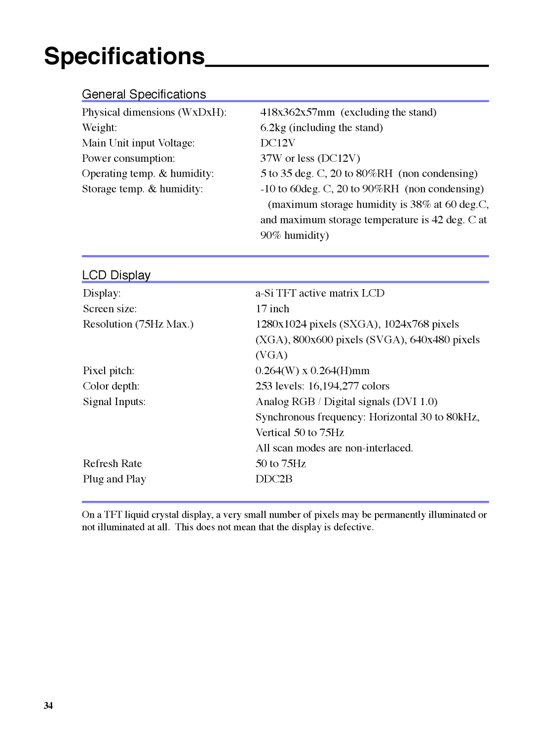 Wacom DTU-710 manual General Speciﬁcations 