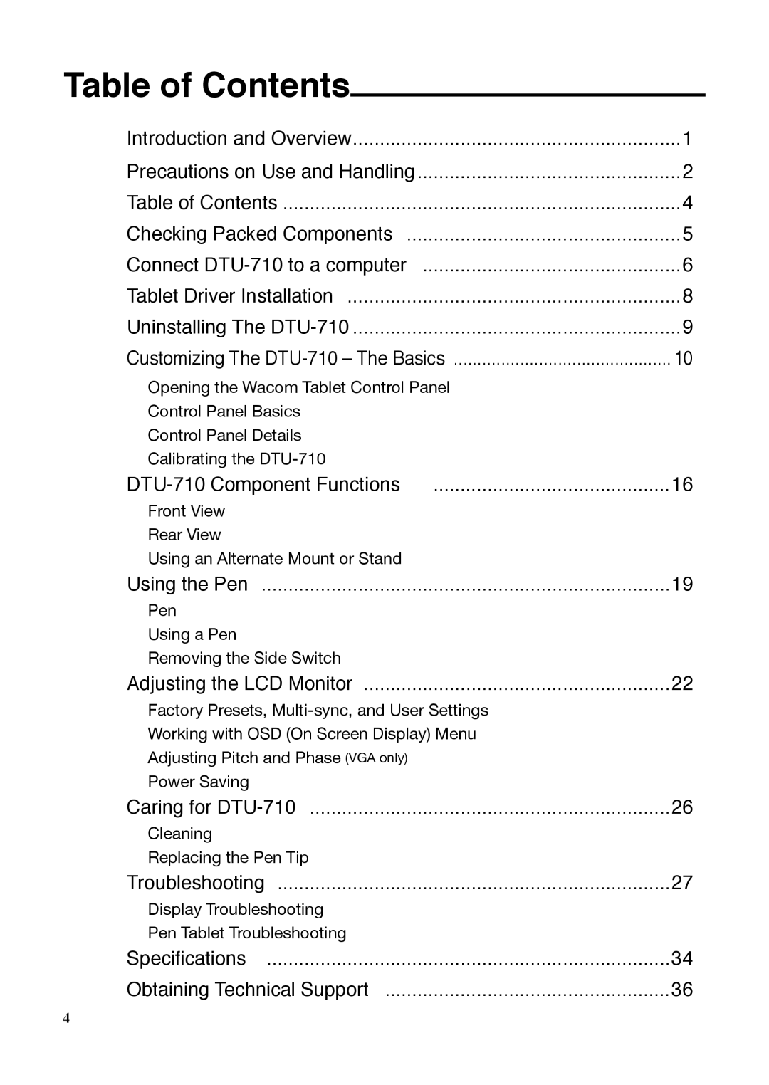 Wacom DTU-710 manual Table of Contents 