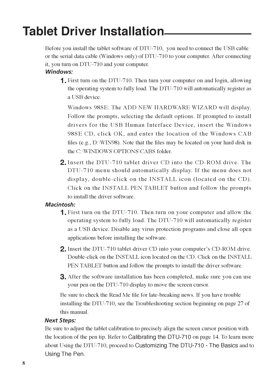 Wacom DTU-710 manual Tablet Driver Installation, Windows 