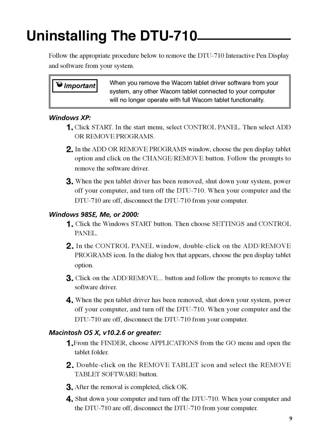 Wacom manual Uninstalling The DTU-710, Windows XP 