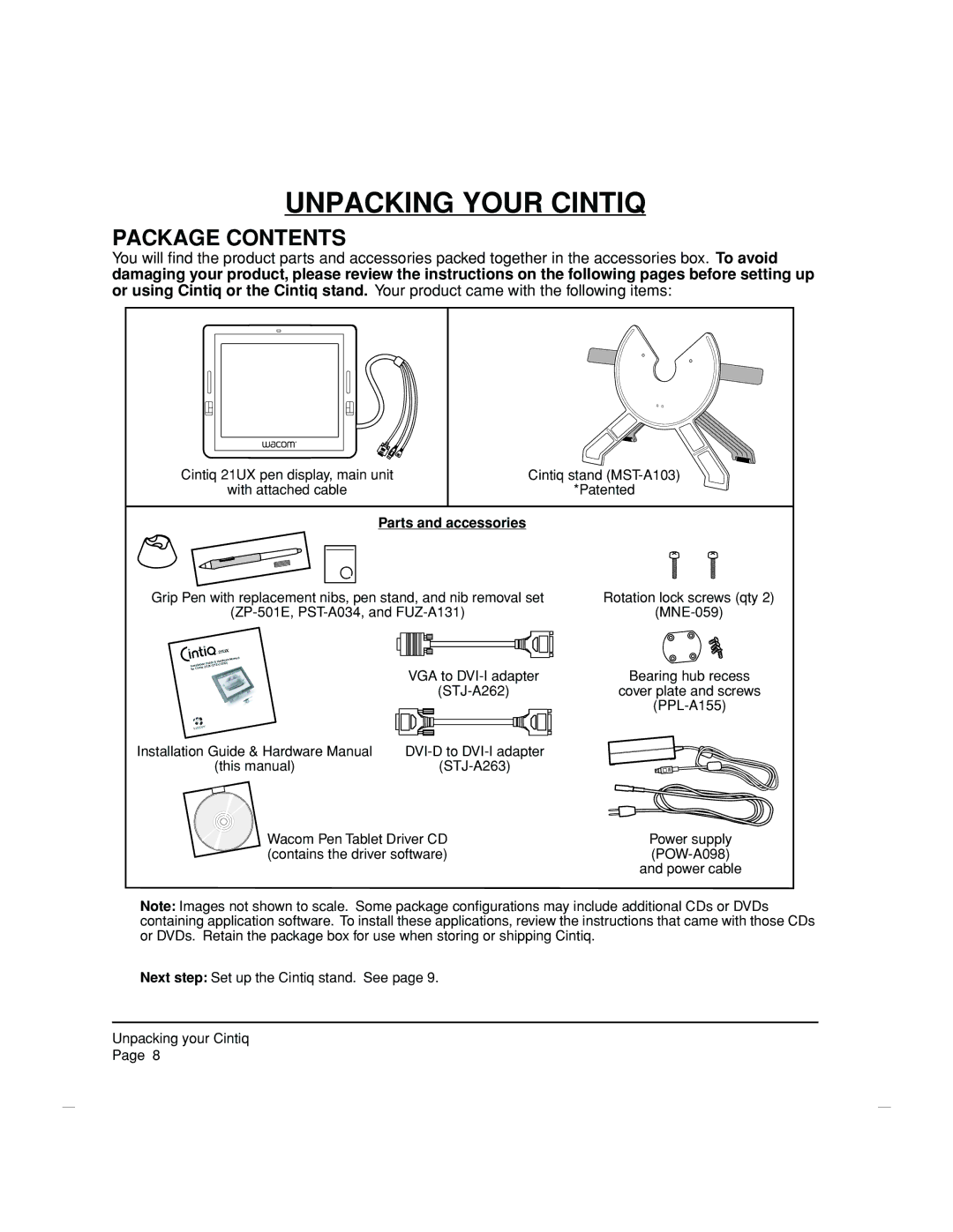 Wacom DTZ-2100D manual Unpacking Your Cintiq, Package Contents 