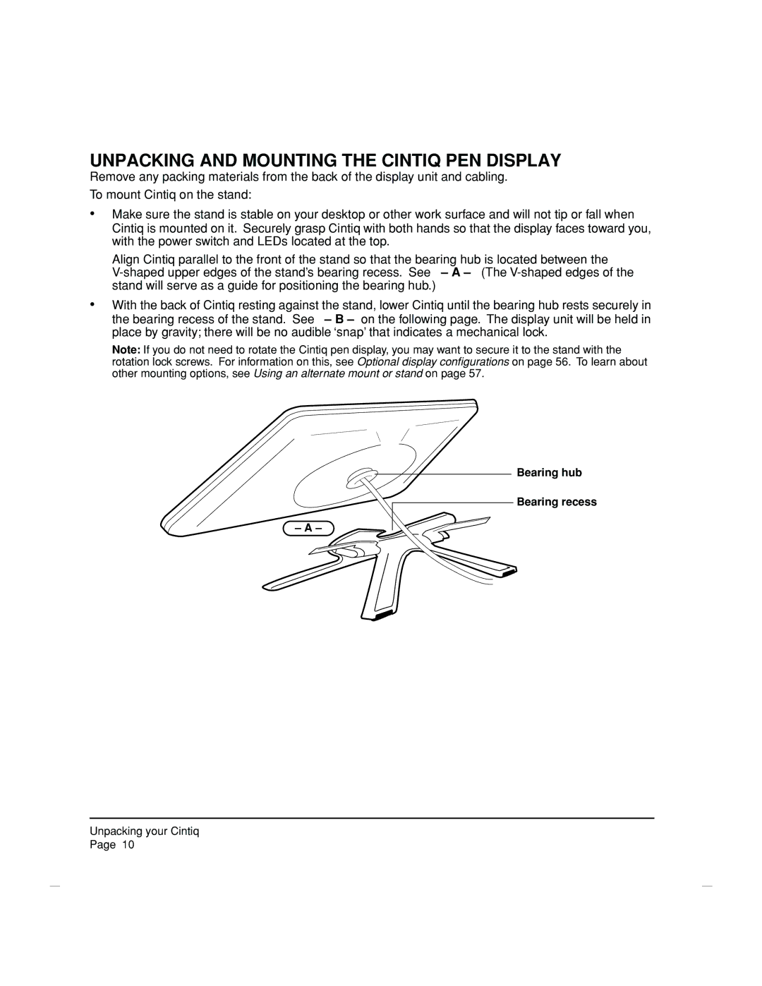 Wacom DTZ-2100D manual Unpacking and Mounting the Cintiq PEN Display, Bearing hub Bearing recess 