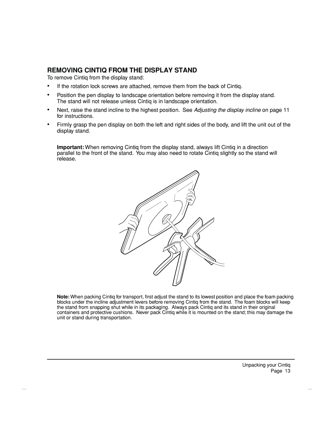 Wacom DTZ-2100D manual Removing Cintiq from the Display Stand 