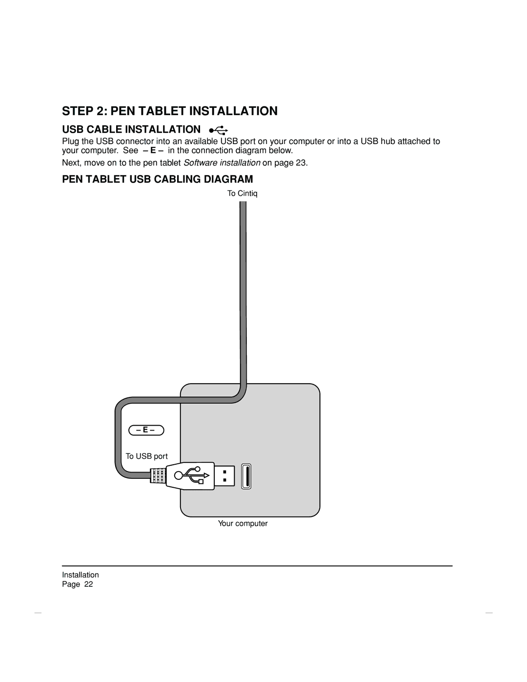 Wacom DTZ-2100D manual PEN Tablet Installation, USB Cable Installation, PEN Tablet USB Cabling Diagram 