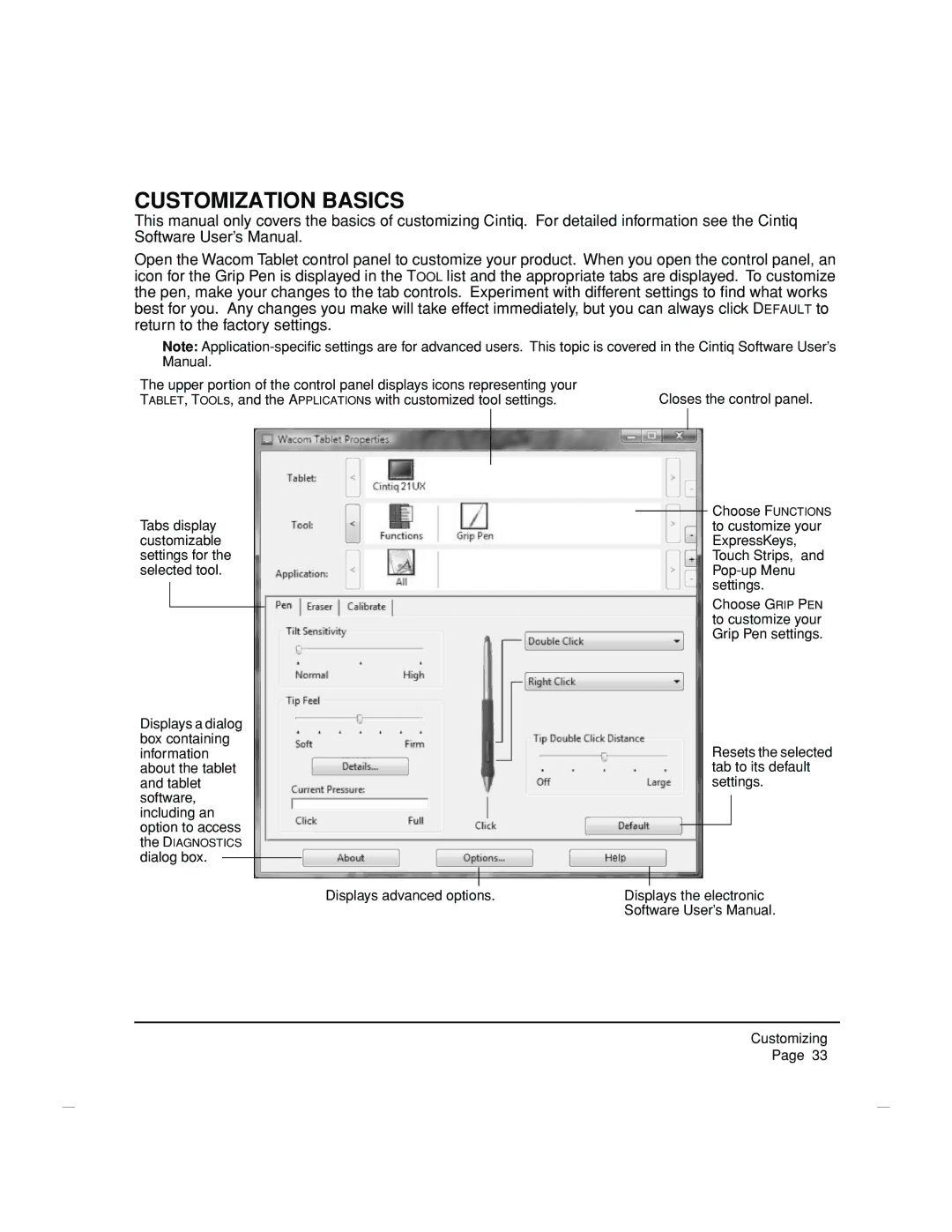 Wacom DTZ-2100D manual Customization Basics, Tabs display customizable settings for the selected tool 