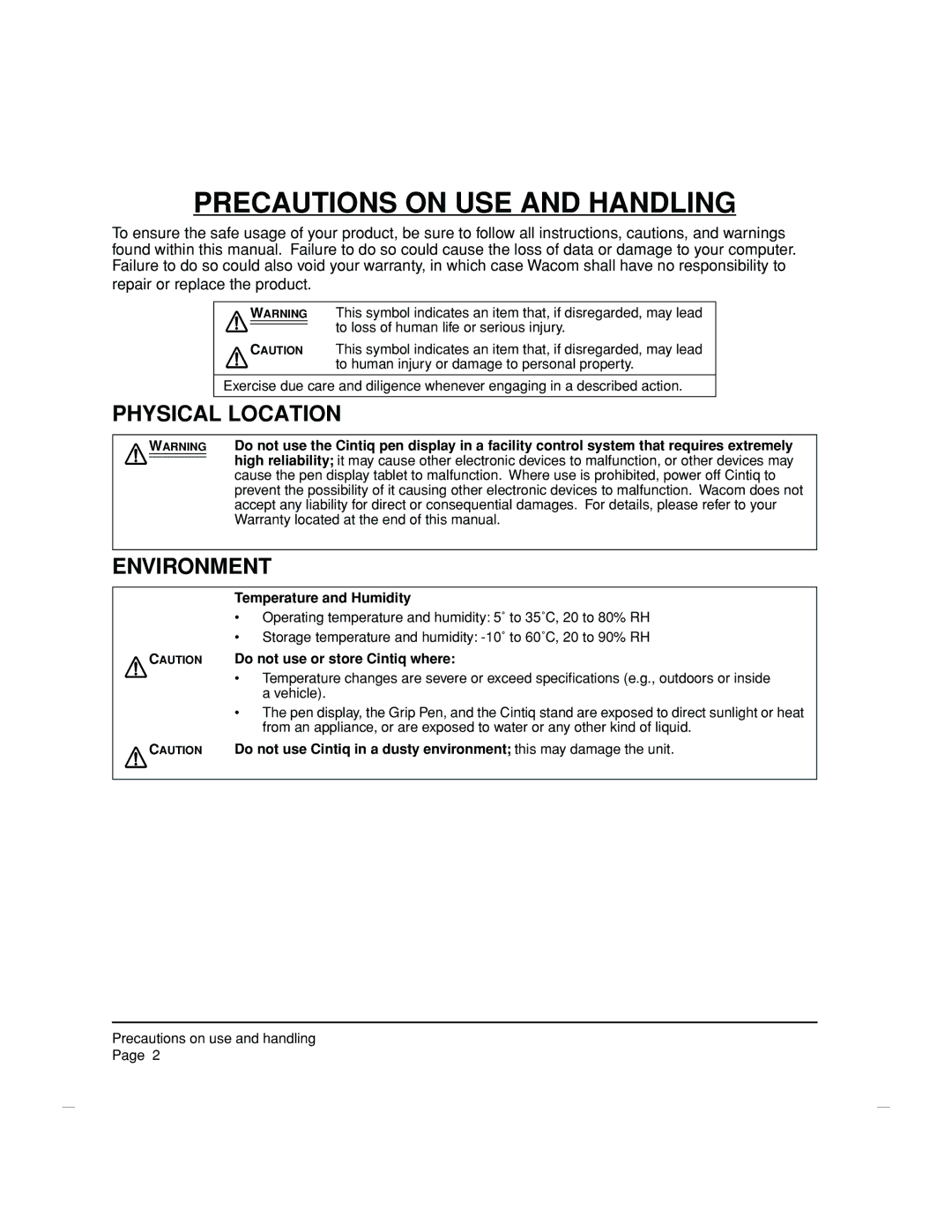 Wacom DTZ-2100D manual Precautions on USE and Handling, Physical Location, Environment, Temperature and Humidity 