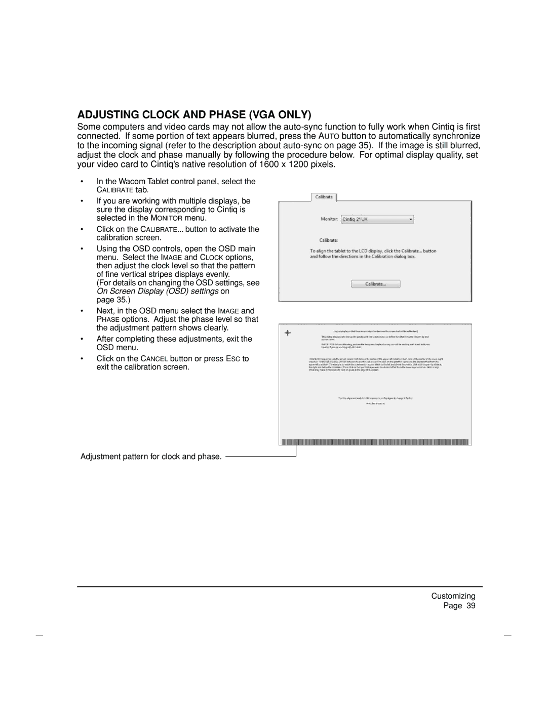 Wacom DTZ-2100D manual Adjusting Clock and Phase VGA only 