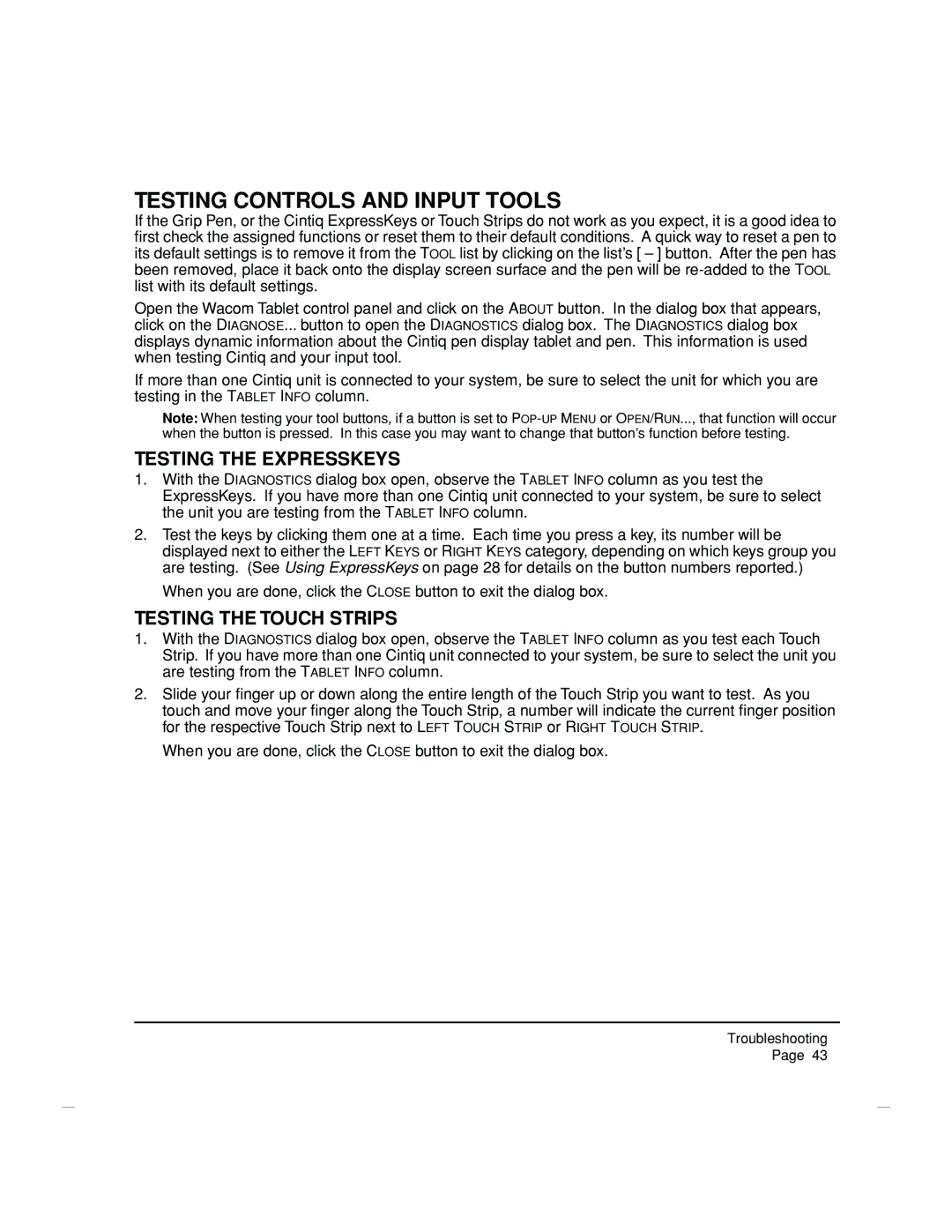 Wacom DTZ-2100D manual Testing Controls and Input Tools, Testing the Expresskeys, Testing the Touch Strips 