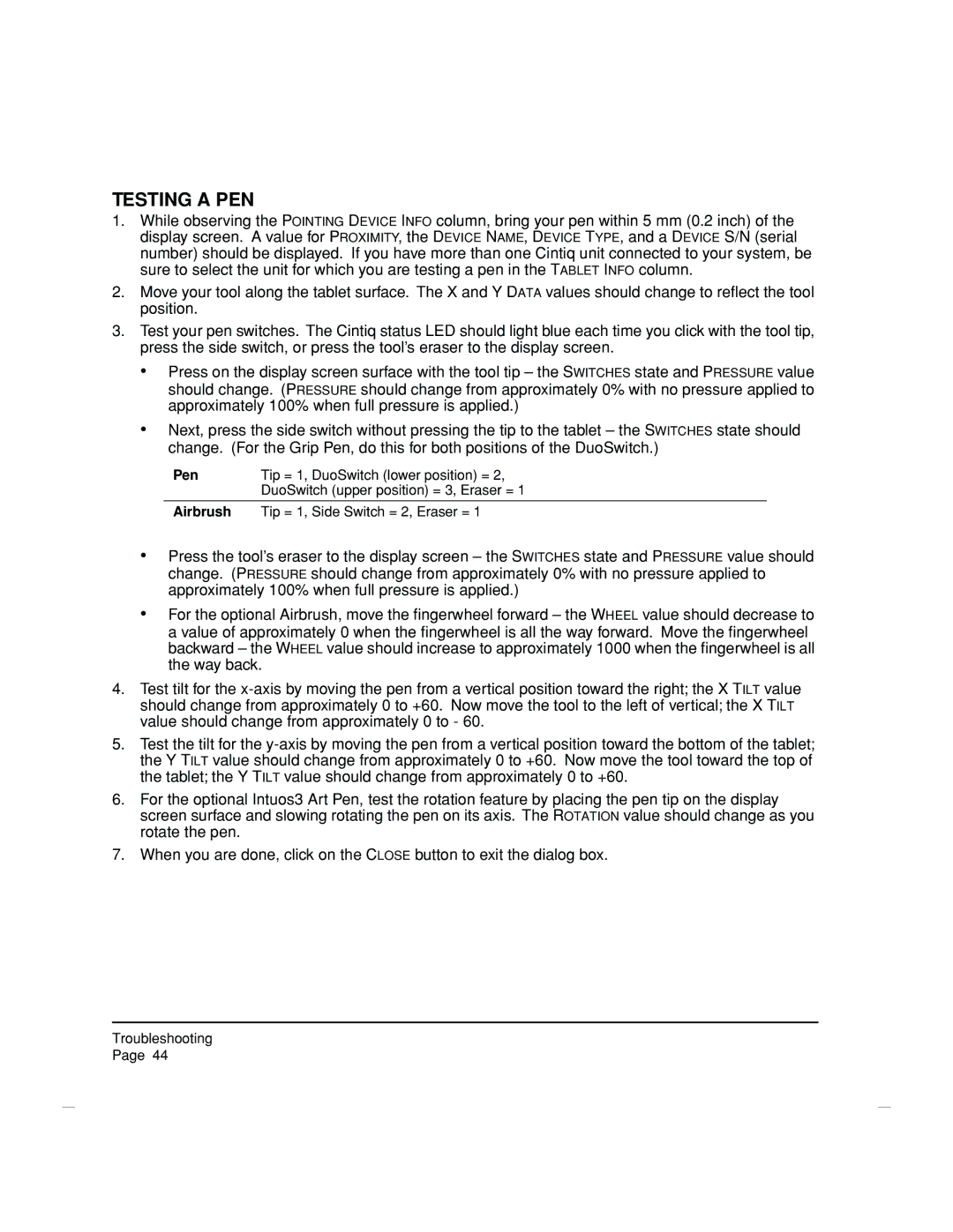 Wacom DTZ-2100D manual Testing a PEN, Pen, Airbrush 