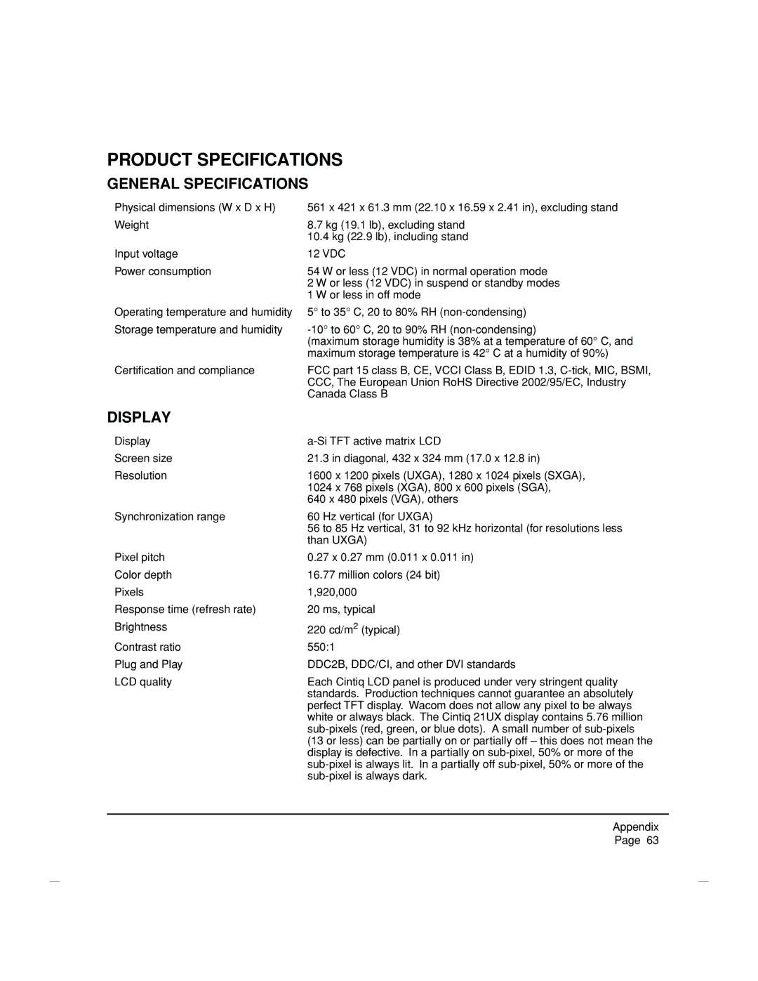 Wacom DTZ-2100D manual Product Specifications, General Specifications, Display 