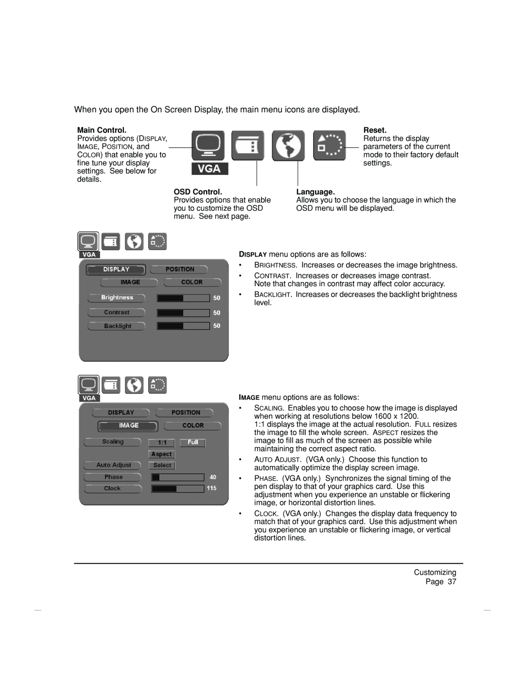 Wacom DTZ-2100D manual Main Control, OSD Control, Reset, Language 