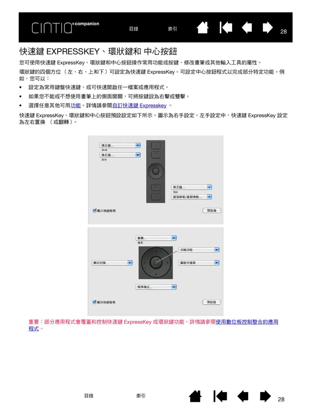 Wacom H0413 user manual 快速鍵 Expresskey、環狀鍵和 中心按鈕 