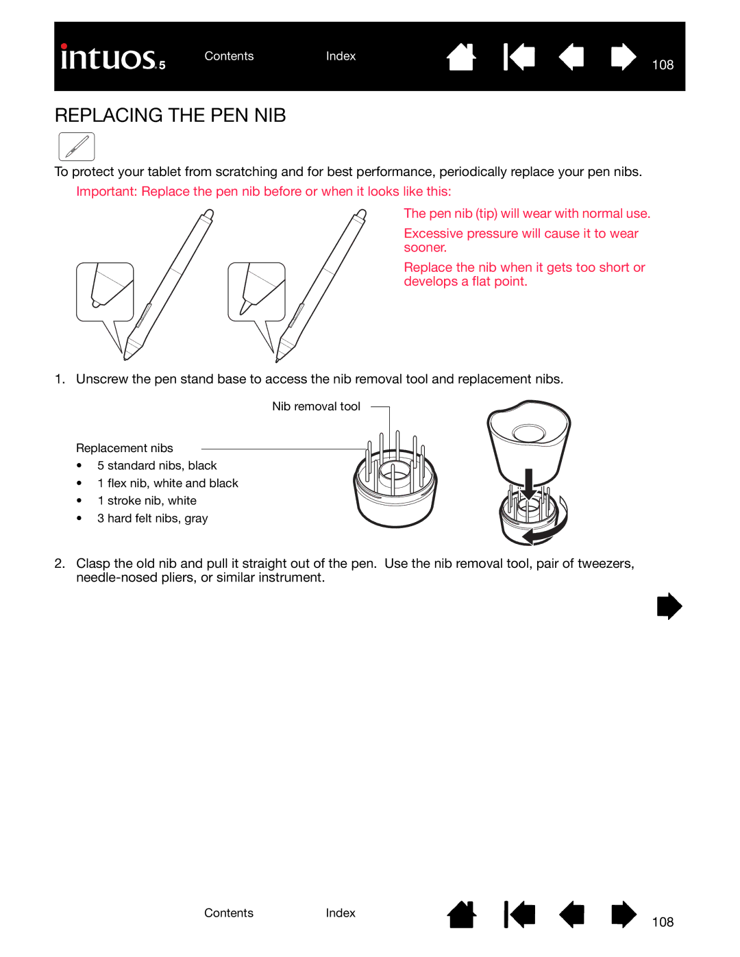 Wacom PTK-450, PTH-850, PTK-650, PTH-450, PTH-650 user manual Replacing the PEN NIB, 108 