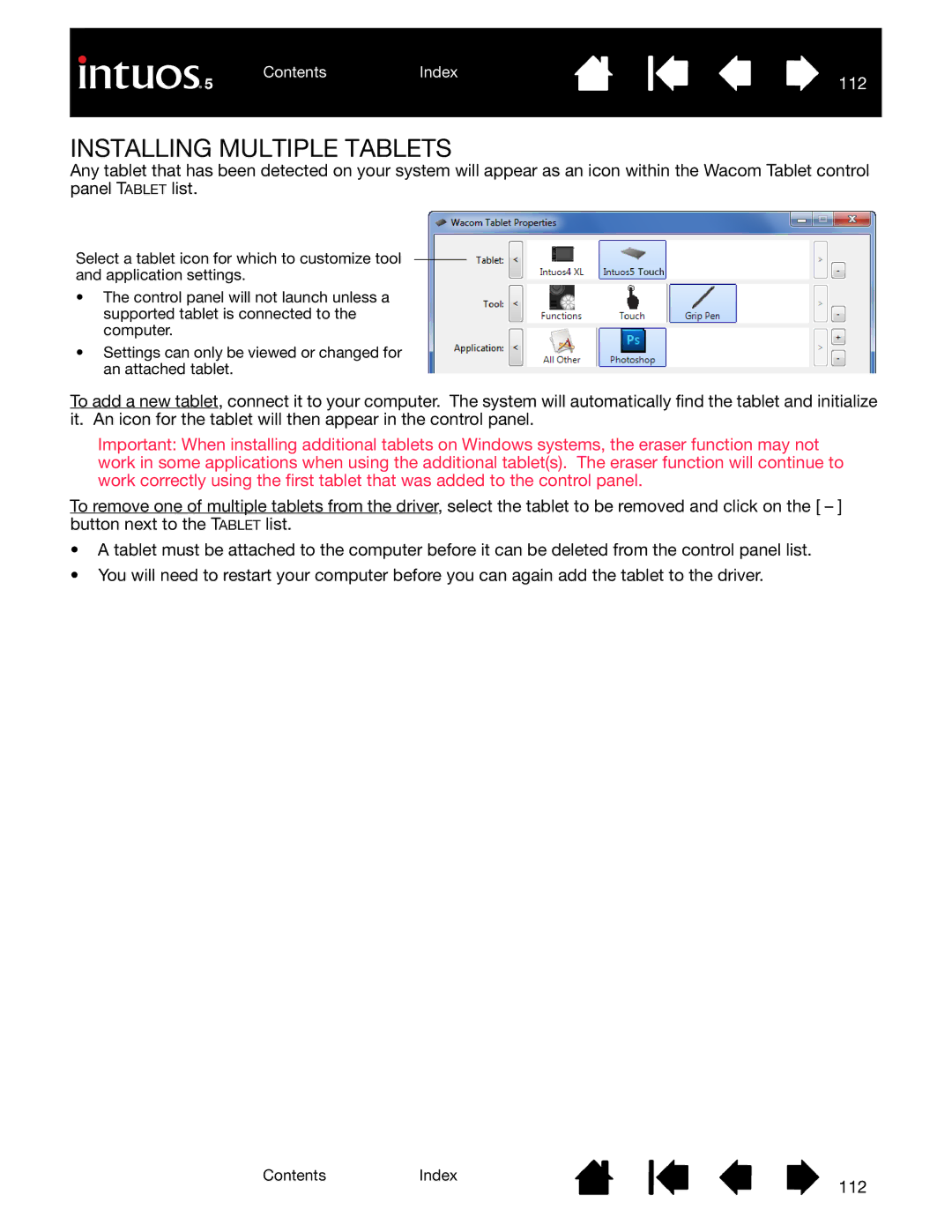 Wacom PTH-450, PTH-850, PTK-650, PTK-450, PTH-650 user manual Installing Multiple Tablets, 112 