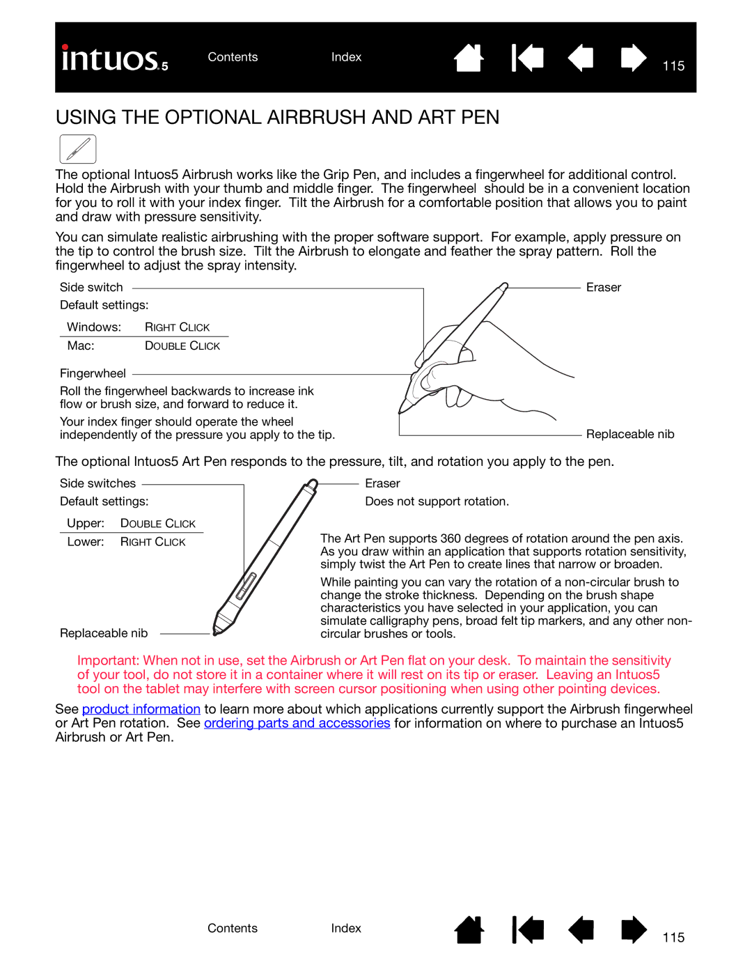 Wacom PTH-850, PTK-650, PTH-450, PTK-450, PTH-650 user manual Using the Optional Airbrush and ART PEN, 115 