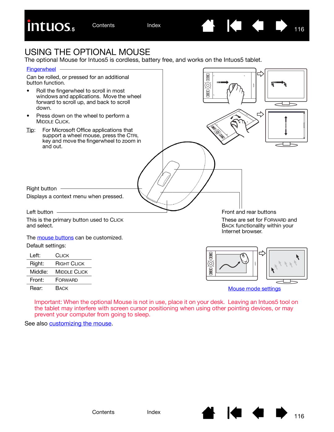 Wacom PTK-650, PTH-850, PTH-450, PTK-450, PTH-650 user manual Using the Optional Mouse, 116, Fingerwheel, Mouse mode settings 