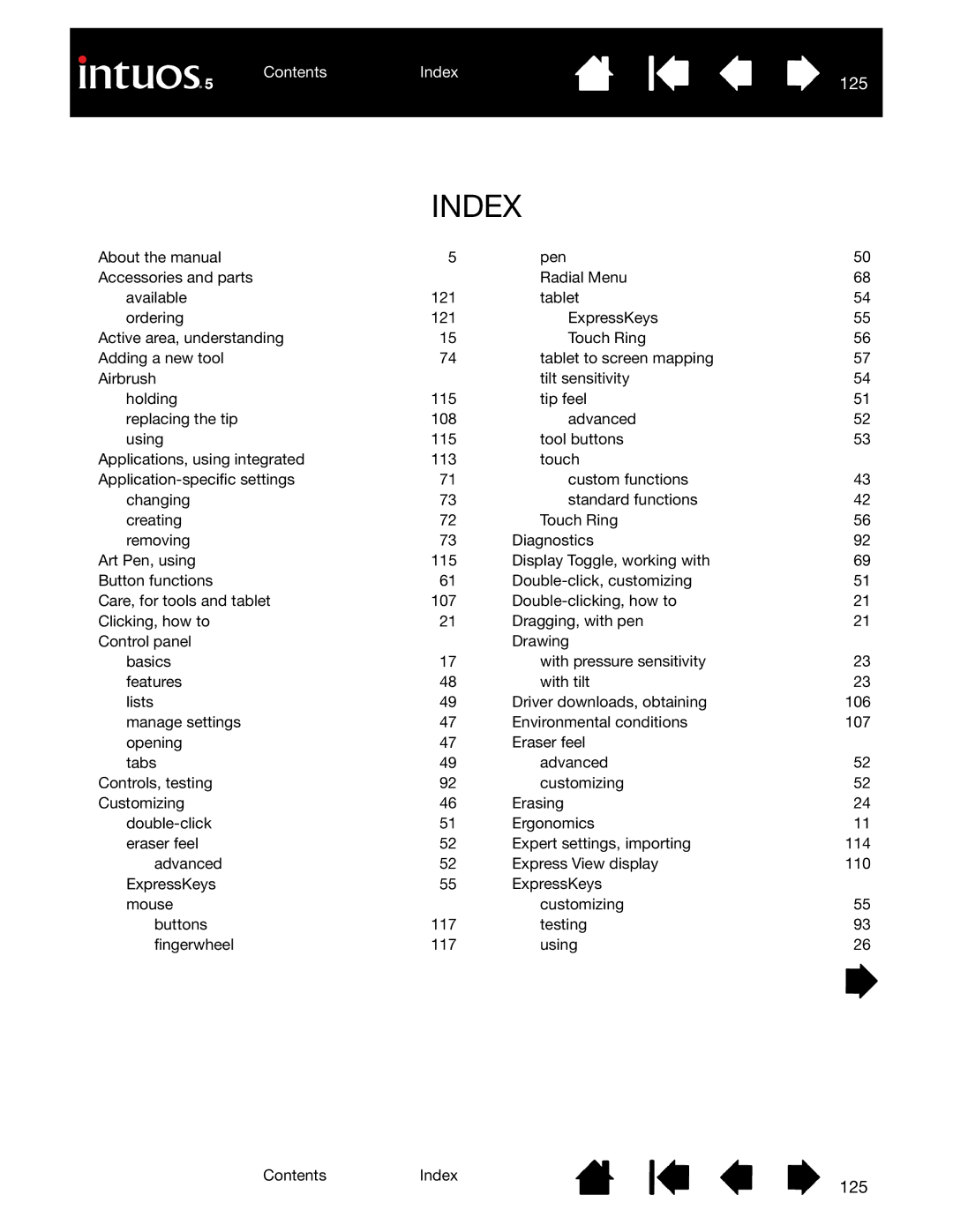 Wacom PTH-850, PTK-650, PTH-450, PTK-450, PTH-650 user manual Index, 125 